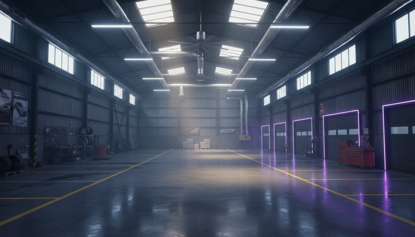 An empty warehouse-style garage with neon lighting, waiting to be filled with captures