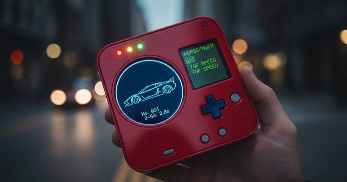 A Pokedex-styled handheld device showing a sports car silhouette on its screen, held up against a moody city street at dusk