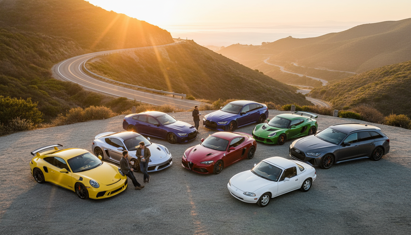 A loose pack of sports cars staged at a pull-out at sunrise, drivers leaning on fenders with coffee, a canyon road snaking down into the valley behind them