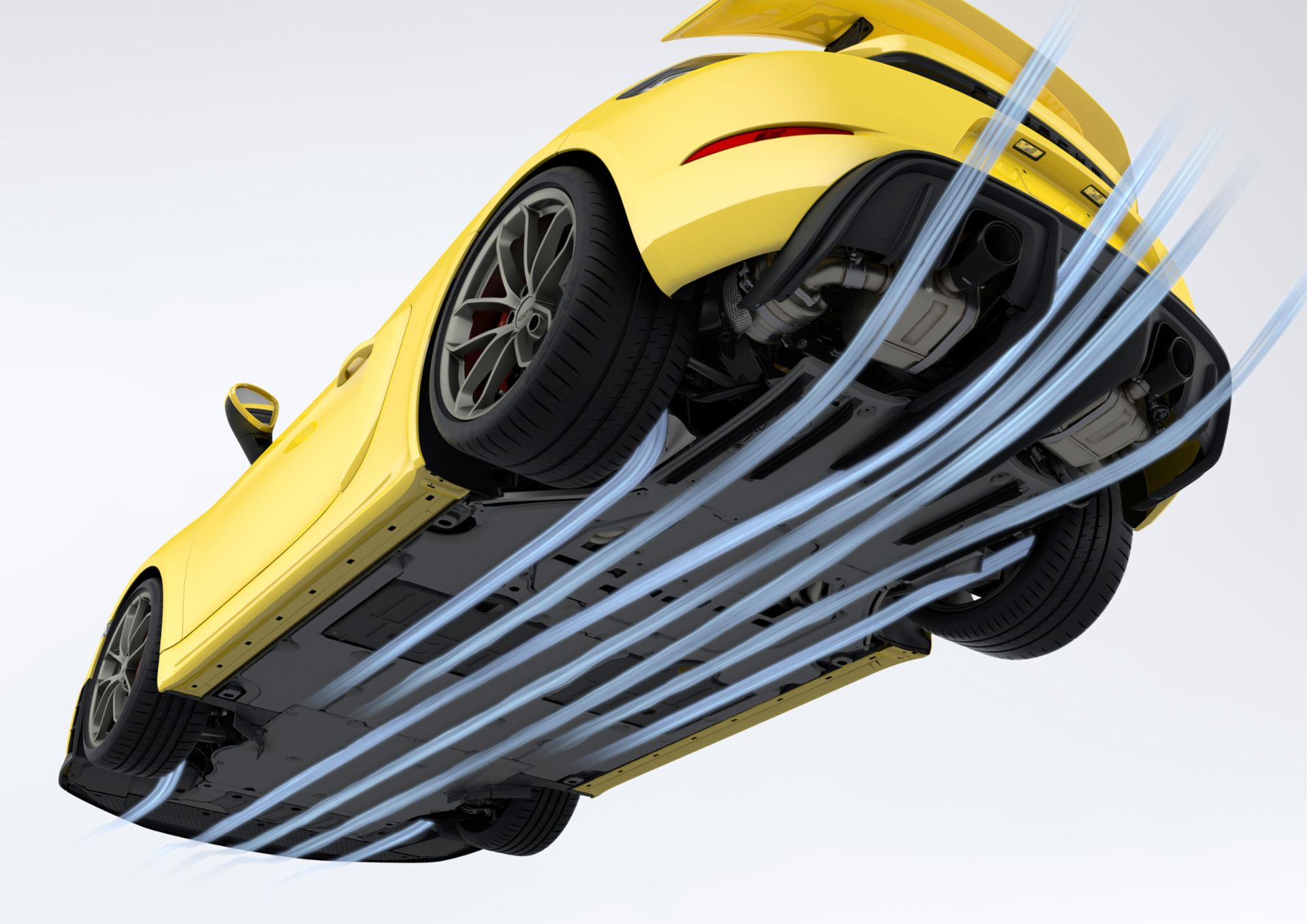 Porsche 718 GT4 RS underbody showing diffuser and venturi tunnels